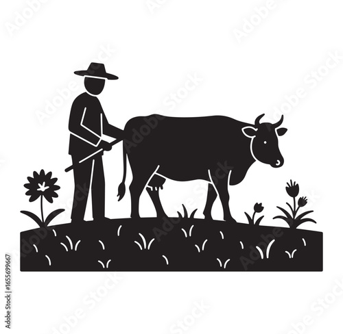 Farmer and cow silhouette on a meadow in a simple black and white vector illustration