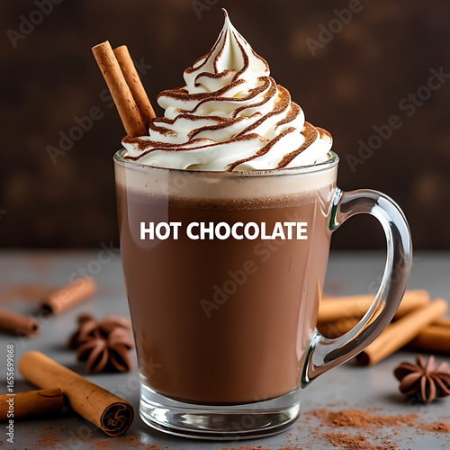 Hot Chocolate Beverage with Whipped Cream and Cinnamon Sticks Warm Drink Delight