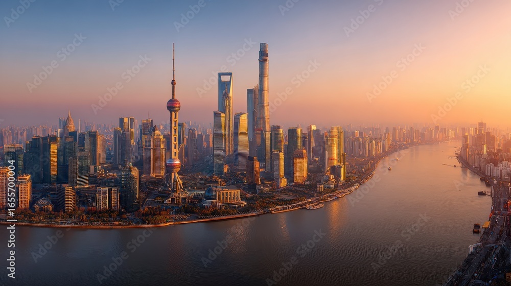 Fototapeta premium aerial view of modern city skyline and buildings at sunrise in shanghai no logos no brands ar 169