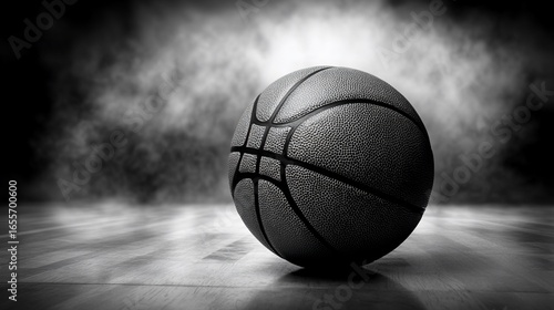 A grayscale image showcasing a basketball in front of a dark, foggy background, resting on a wooden floor