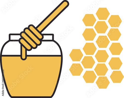 Honey Jar with Dipper and Honeycomb Vector Illustration