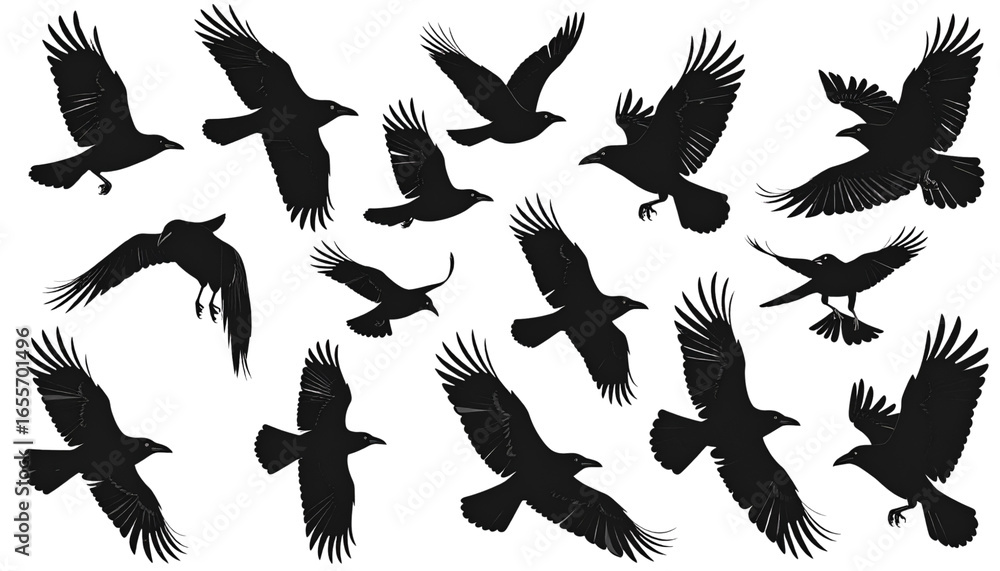 Obraz premium Flying Crows and Ravens Silhouette Set, Minimalist Wildlife Design, Transparent Background PNG