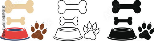 Dog food bowl bone paw print vector illustration set icon