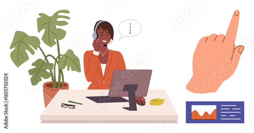 Support agent using a headset while working at a desk with a computer, plant, and sticky notes. Hand gesture and chart symbolize assistance, feedback, and communication. Ideal for support, service