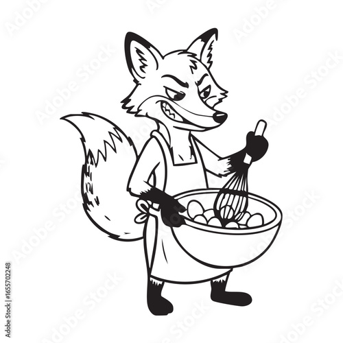 Vector art of a sly fox is baking with a whisk and bowl, showcasing a humorous and whimsical scene of cooking