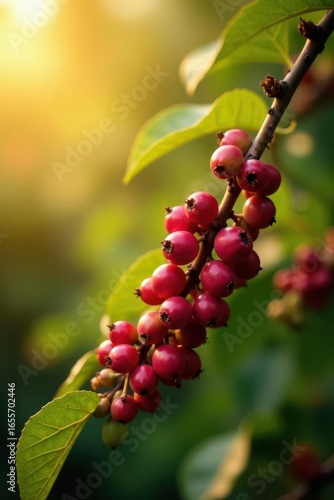 Sunlit coffee branches laden with ripe berries being harvested , leaves, coffee farm