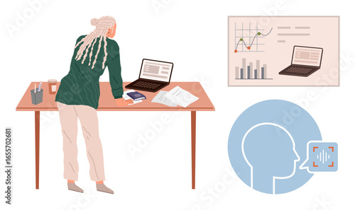 Person stands at a desk with a laptop, reports, and charts for data analysis. Includes graph visualization and voice recognition interface. Ideal for business, analytics, research, teamwork