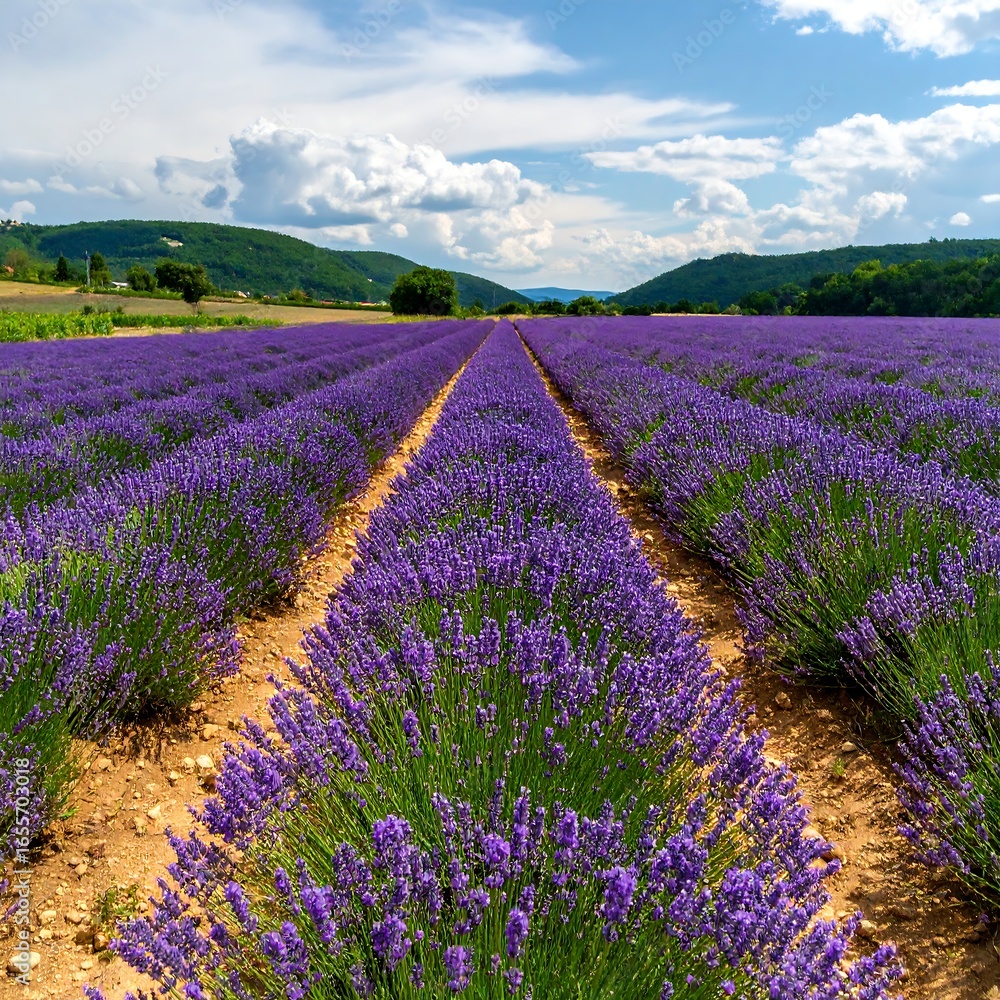 Naklejka premium Rows of purple lavender plants stretch to distant hills under a bright sky