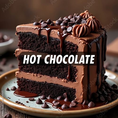 Triple Layer Chocolate Cake Slice with Chocolate Chips and Drizzle Decadent Dessert