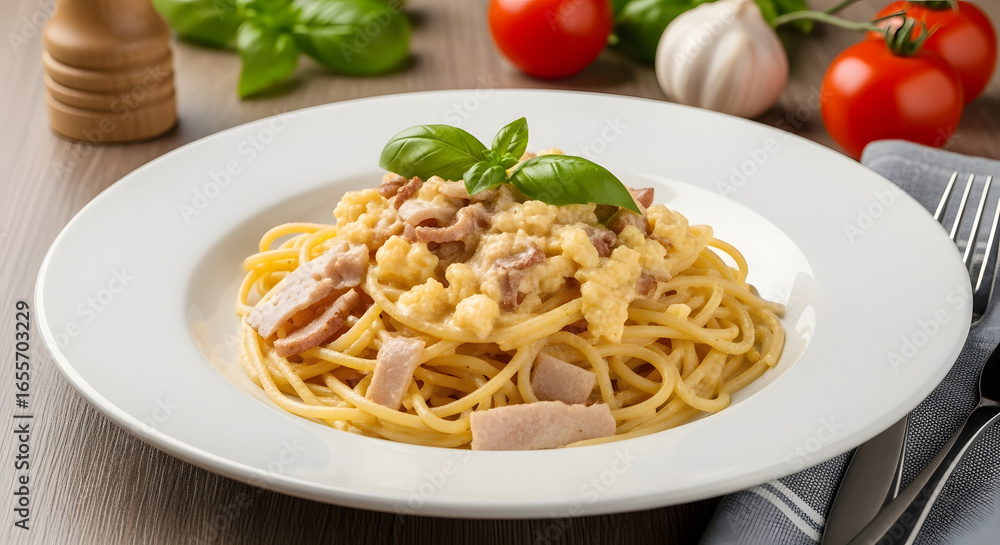 Appetizing carbonara delight featuring al dente spaghetti, savory pancetta, creamy sauce, and vibrant basil garnish, accompanied by fresh tomatoes and garlic creating culinary anticipation Appetizing carbonara delight featuring al dente spaghetti, savory pancetta, creamy sauce, and vibrant basil garnish, accompanied by fresh tomatoes and garlic creating culinary anticipation