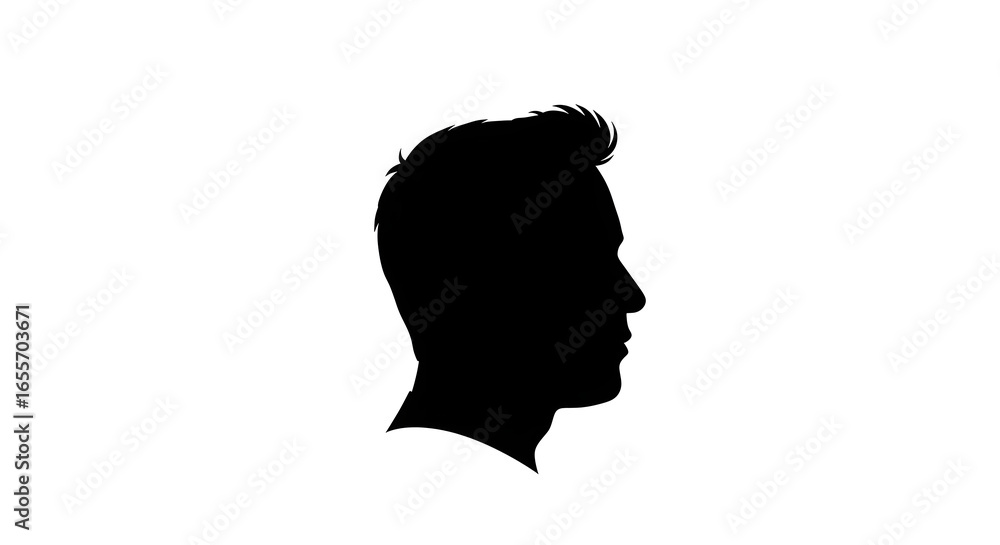 Monochrome silhouette of a man's head in a side profile view. A graphic representation of an anonymous person or user avatar