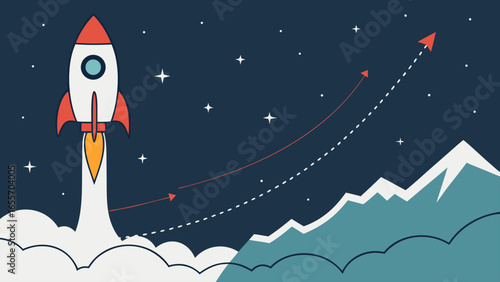 Illustration of a rocket launching into space with stars mountains and a rising arrow trajectory path