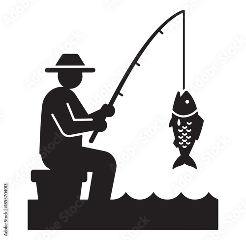 Silhouette of a fisherman with a hat sitting and holding up a fish he caught