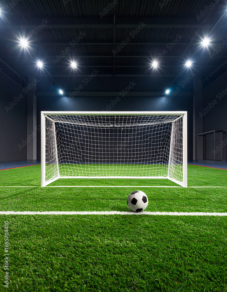 Fototapeta premium Mini soccer field with green turf, small goals, and a ball ready for the match