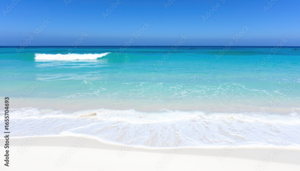 Fototapeta premium A beautiful beach scene with turquoise water and white sand under a clear blue summer sky horizon