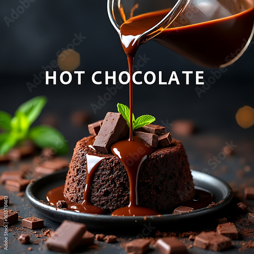 Chocolate Cascade Hot Chocolate Pouring Over a Mini Cake with Chocolate Chunks and Mint on a Dark Surface