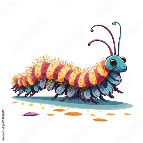 A playful, segmented caterpillar with a cheerful face and bright antennae, in a fun cartoon style.