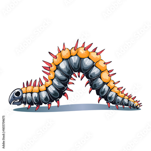 A detailed illustration of a fuzzy caterpillar with a vibrant orange and black speckled pattern and a spiked texture.