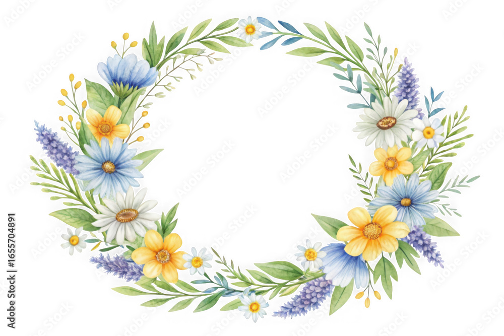 Fototapeta premium Vibrant watercolor floral wreath with daisies and lavender