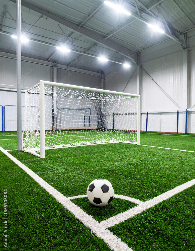 Fototapeta premium Mini soccer field with green turf, small goals, and a ball ready for the match