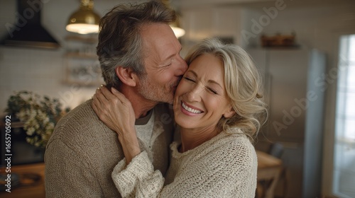 smiling mid age older couple hugging and kissing standing at home happy senior adult mature classy husband and wife embracing bonding enjoying wellbeing and love in new modern house no logos no brand