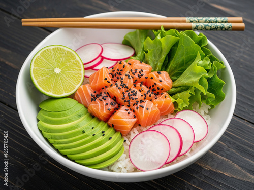 A colorful poke bowl served in a white bowl on a dark table. 
