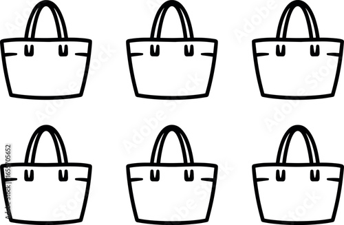 Six simple outline drawings of classic tote bags arranged in two rows