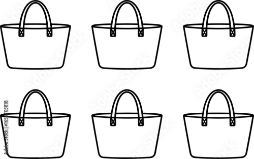 Six identical hand drawn tote bags arranged in two rows of three on a white background