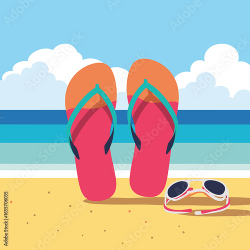Brightly colored flip flops and goggles resting on a sandy beach near the ocean under a blue sky with white clouds