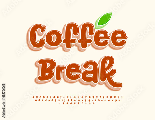 Vector Funny emblem Coffee Break. Cute Playful 3D Font. Funny Handwritten Alphabet Letters and Numbers set.