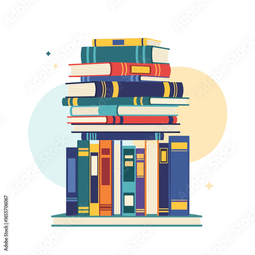 A towering collection of diverse books stacked artistically for knowledge and reading enthusiasts
