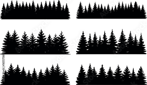 Silhouettes of dense evergreen forest landscapes in a repeating pattern