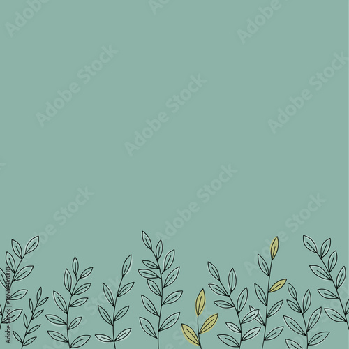 Delicate hand drawn botanical elements and leafy sprigs adorning a calm teal background for nature inspired designs