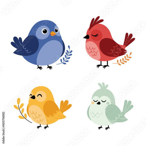 Charming collection of cute plump feathered friends in four delightful colors perfect for springtime designs
