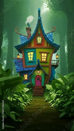 Whimsical fairytale house in misty forest; path leads to door