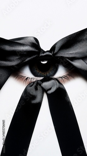 A close-up of an eye partially covered by a black satin bow against a white background