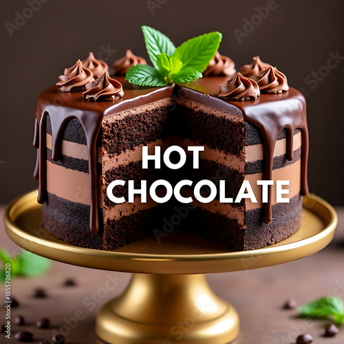 Decadent Slice A Chocolate Layer Cake with Hot Chocolate Glaze on a Golden Stand with Mint Leaves