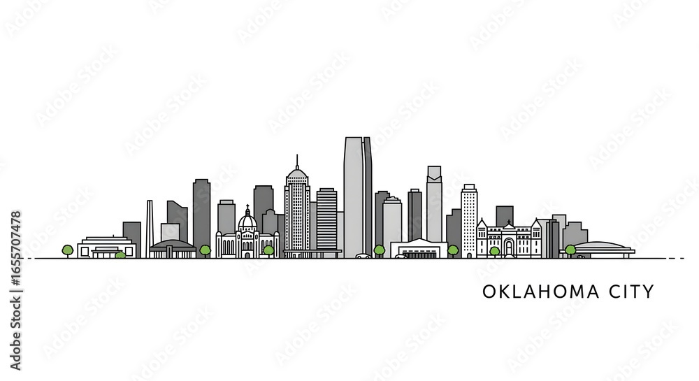 Naklejka premium Oklahoma City Skyline A minimalist illustration capturing the architectural essence of the city, featuring landmark buildings and iconic silhouettes against a clean background