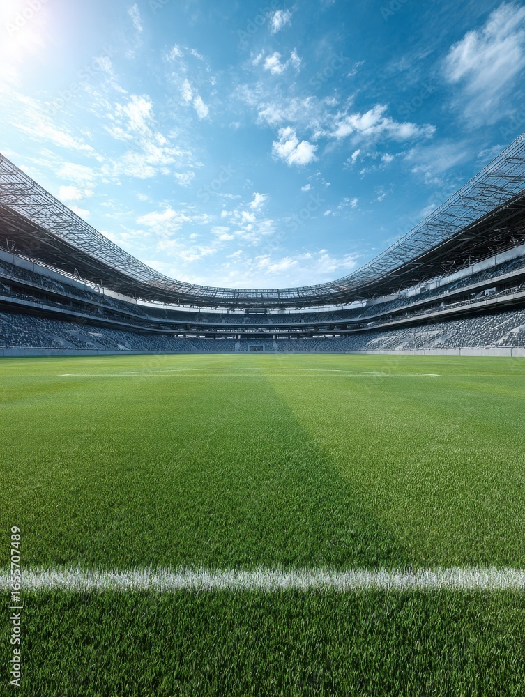 Fototapeta premium a wide shot of an empty soccer stadium field with bright green grass and white lines shot on a sunny day