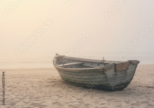 Old weathered rowboat rests peacefully on the sandy beach in the hazy morning sunlight