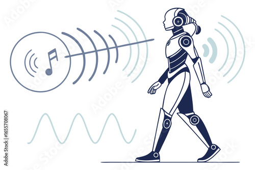 Robot with headphones listening to music with sound waves