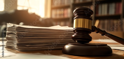 Justice symbolized by gavel on legal documents.