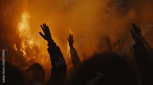 Silhouette hands reach towards a fiery, orange glow. Dramatic scene depicting a crowd