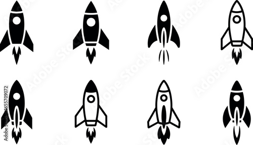 Collection of eight stylized black and white rocket ship icons ready for launch