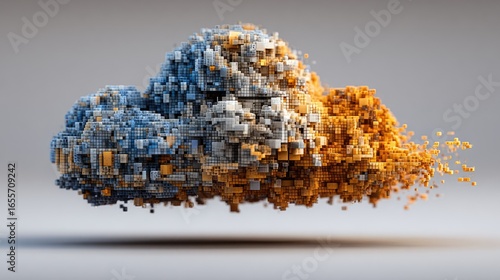 Abstract cloud, composed of many small, colorful cubes, some detaching, floating on a neutral background