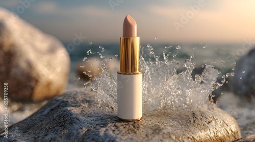 Luxurious golden lipstick with a nude shade emerges dynamically from a refreshing ocean splash on a rocky shore, evoking natural beauty and elegance.