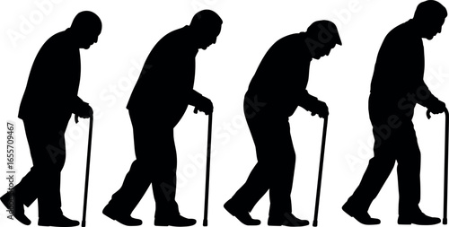 Silhouettes of four elderly men walking with canes illustrating the progression of aging