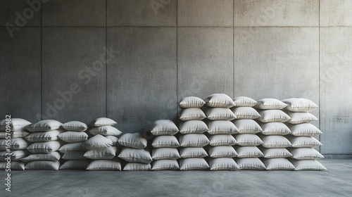 Stacks of bags filled with a powdery substance against a concrete wall, industrial setting