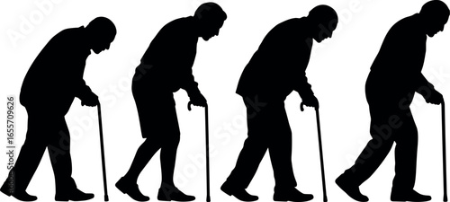 Silhouettes of four elderly men walking with canes illustrating the progression of aging