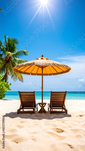 Tropical beach scene with sunshade and chairs